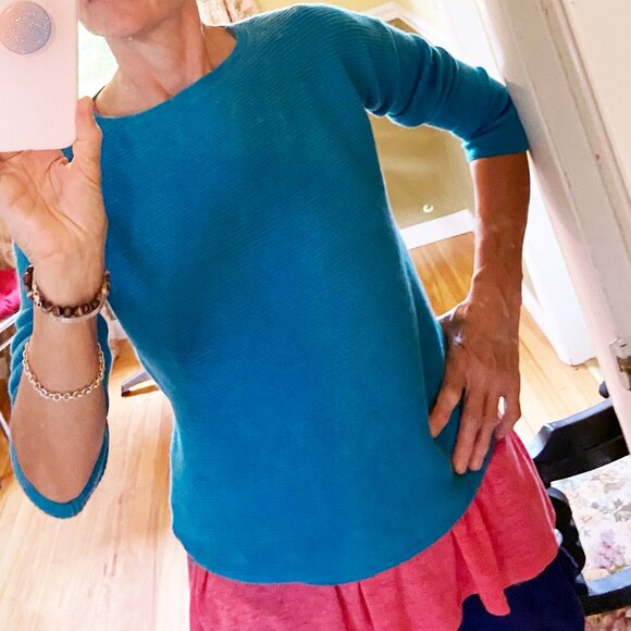 Tahari Deep Turquoise Ribbed Extra Fine Merino Wool Medium Three-Quarter Sleeve - Picture 1 of 10